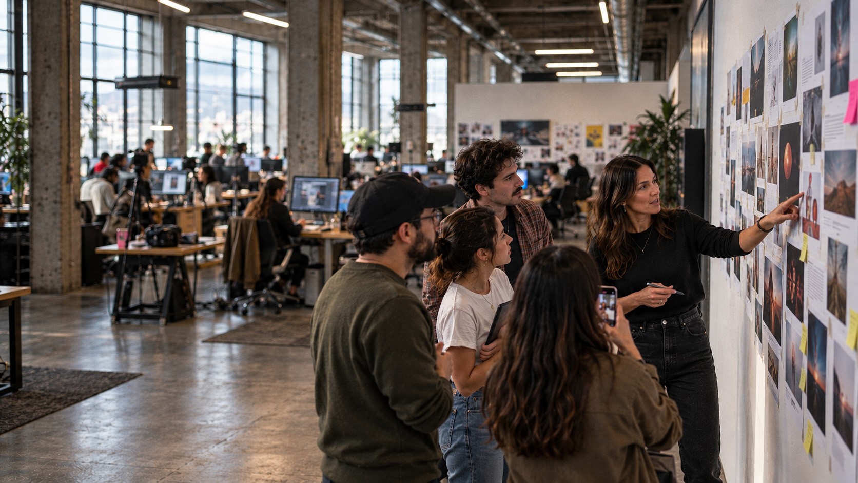 Directora creativa revisa piezas impresas con su equipo en el piso de una agencia